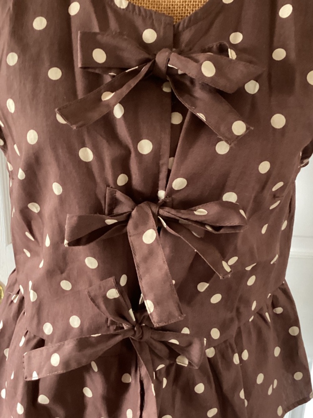 Polka Dot Tie-Front Sleeveless Top - Brown/Beige - Picture 2 of 6